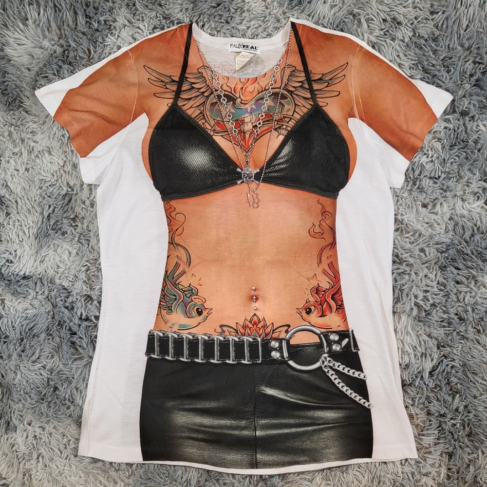 ♡ SOLD ON EBAY ♡ Faux Real Women's Large Tattoo Girl White T-Shirt